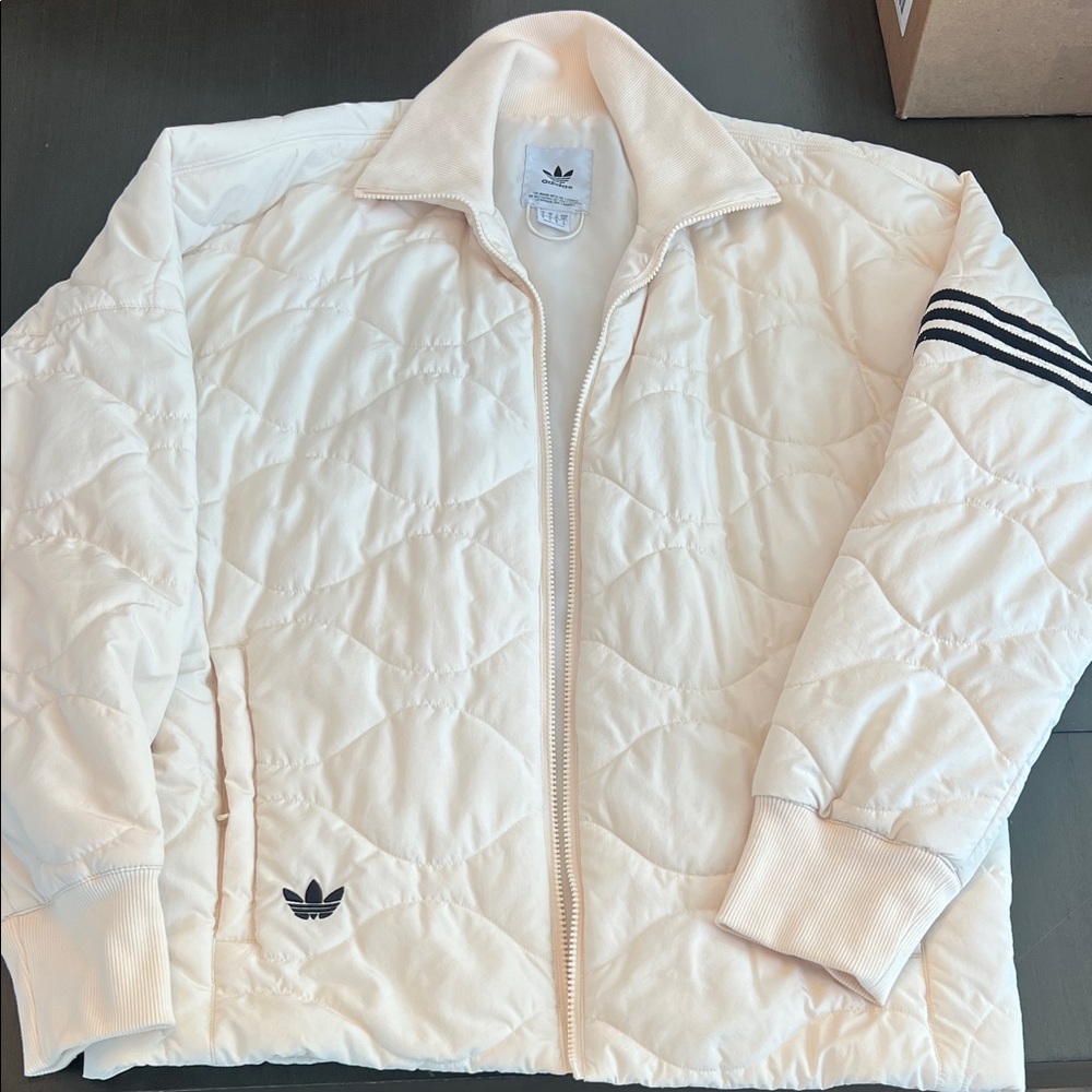 adidas Cream Puffer Jacket with Black Stripes